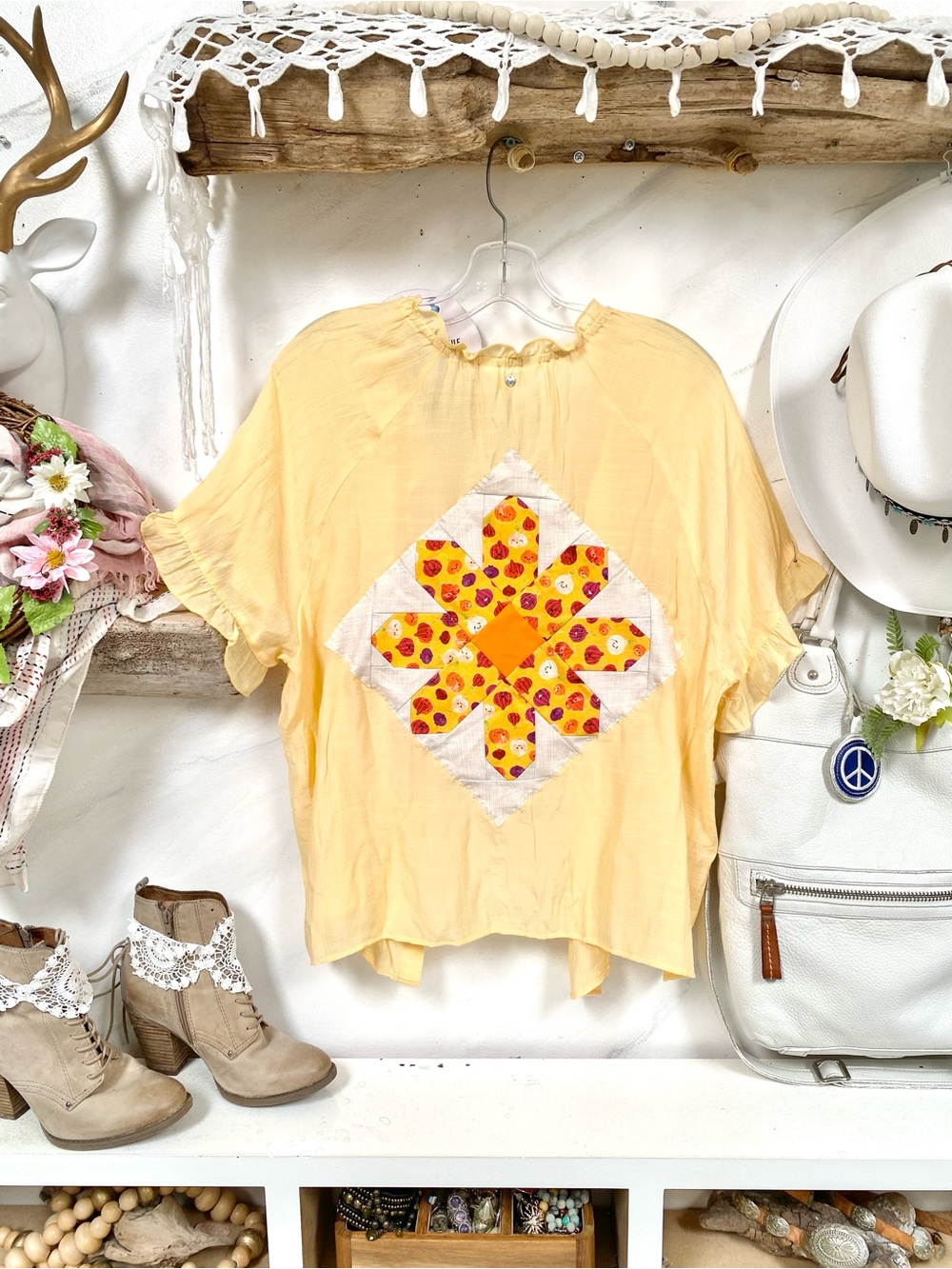 Artisan patchwork Daisy upcycled boho shirt/cover up w farmhouse country